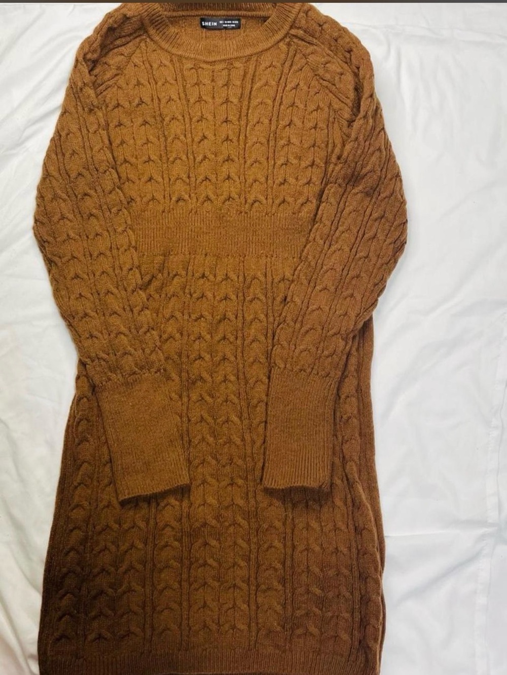 SHEIN Cable Knit Crewneck Sweater Dress in Rust